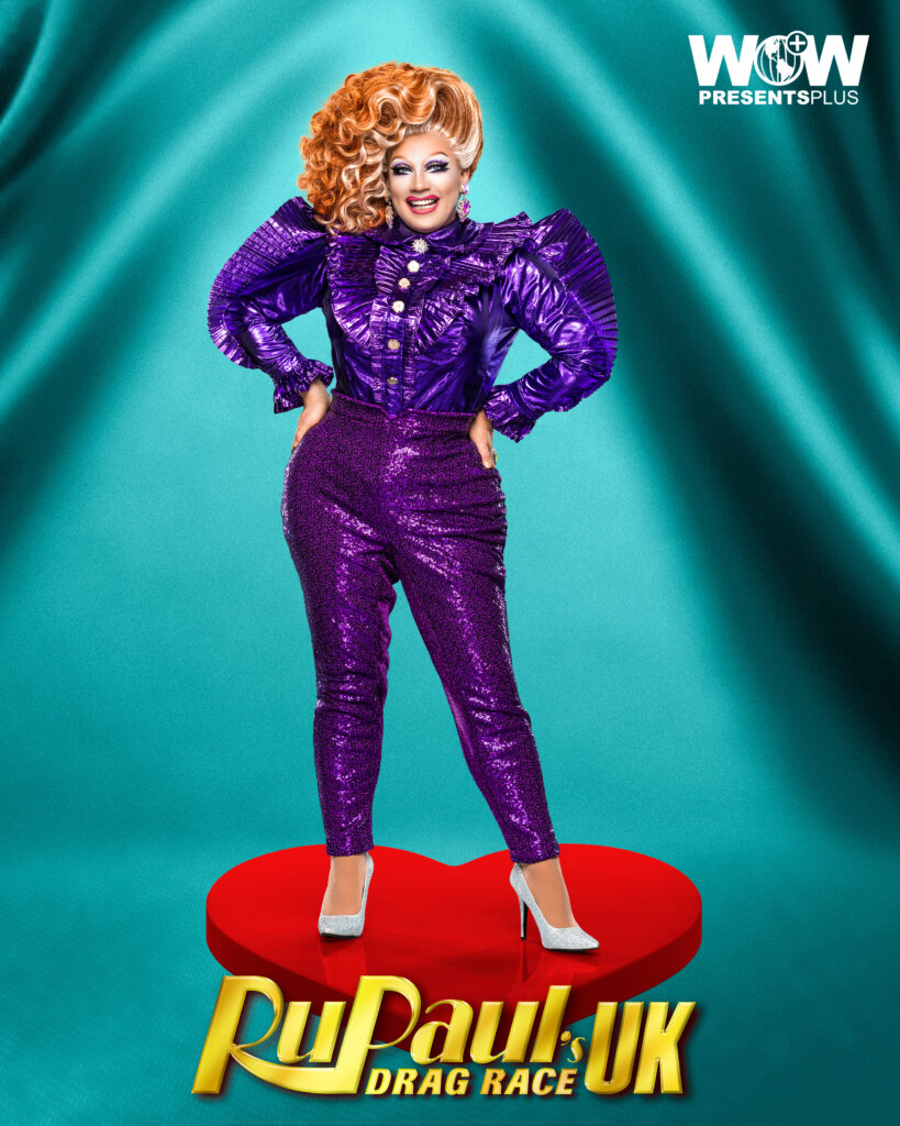 Ginger Johnson posing for RuPaul's Drag Race UK series 5 promo for Meet The Queens in a purple outfit.