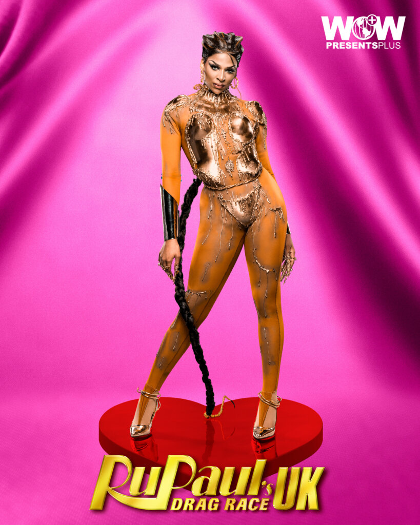 Cara Melle posing for RuPaul's Drag Race UK series 5 promo for Meet The Queens in a caramel outfit.