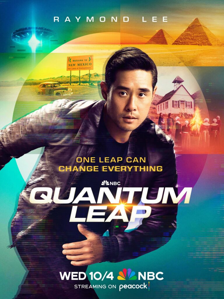 Quantum Leap season 2 official poster with main character Ben Song (played by Raymond Lee) in a running pose with various historic locations shown in the background including Egypt, Area 51, and the Salem witch trials.