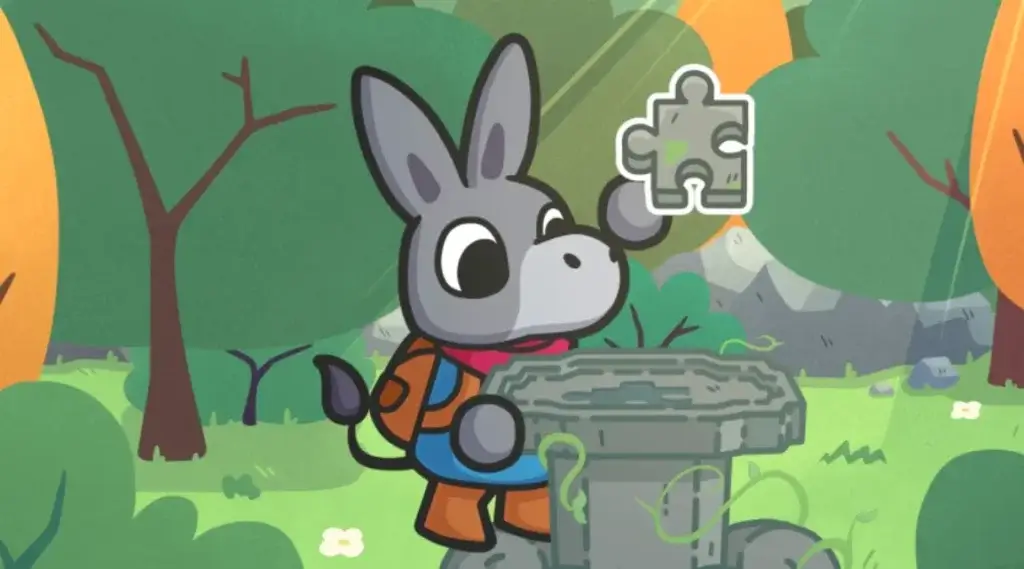 Gameplay still from Ogre Pixel's "A Tiny Sticker Tale" which sees Flynn, the donkey, holding a jigsaw puzzle piece in his hoove, looking at a stone table in the middle of a forest.