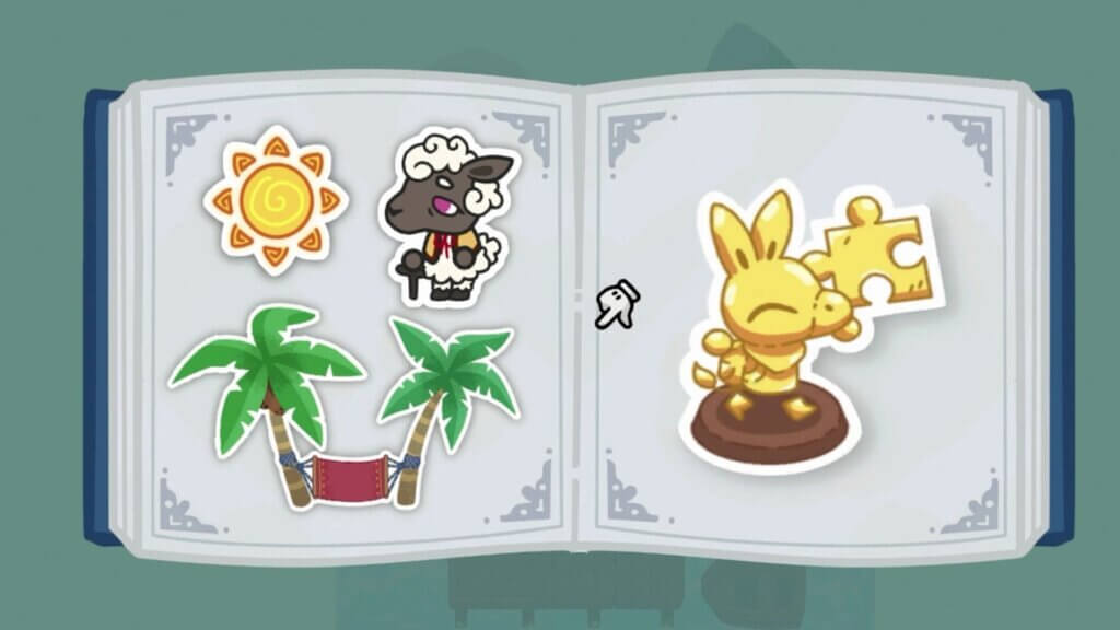 Gameplay still of Ogre Pixel's "A Tiny Sticker Tale" which shows an open sticker book with various stickers inside including a gold trophy, the sun and some palm trees.