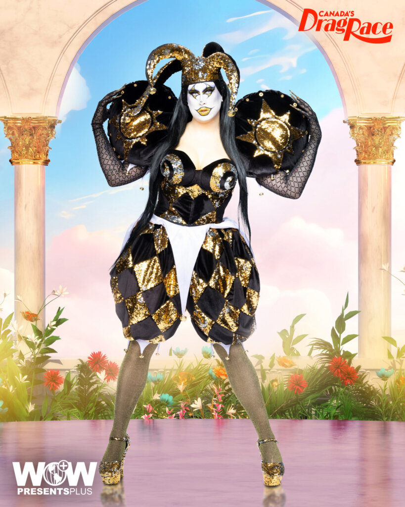 Sisi Superstar posing for Canada's Drag Race Season 4 promo for Meet The Queens in a black-gold outfit.