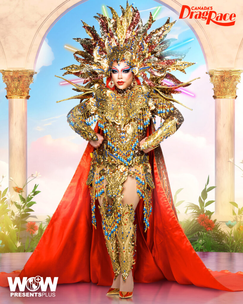 Kiki Coe posing for Canada's Drag Race Season 4 promo for Meet The Queens in a gold outfit.