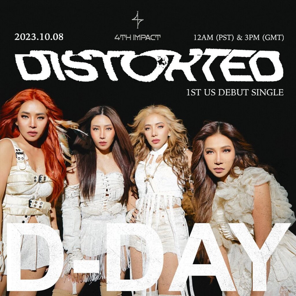 Promotional photo for "Distorted" which sees 4th Impact all wearing white outfits, posing together with the words "D-Day" over them, suggesting the day of the single and music video release.