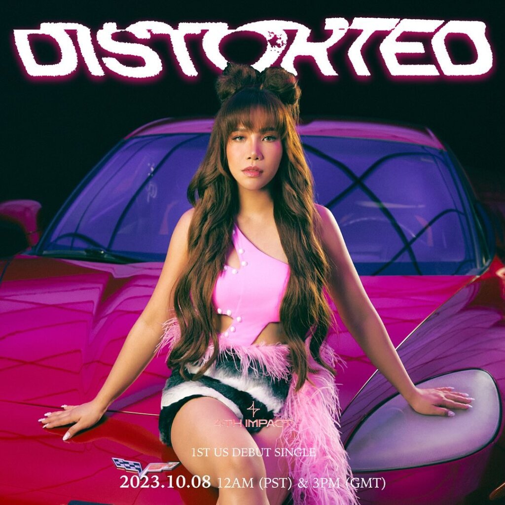 Promotional photo for "Distorted" which sees Mylene from 4th Impact sitting on the bonnet of a red Corvette, wearing a pink outfit. Her brown hair is bunched up into two buns and cascades down both sides of her body.