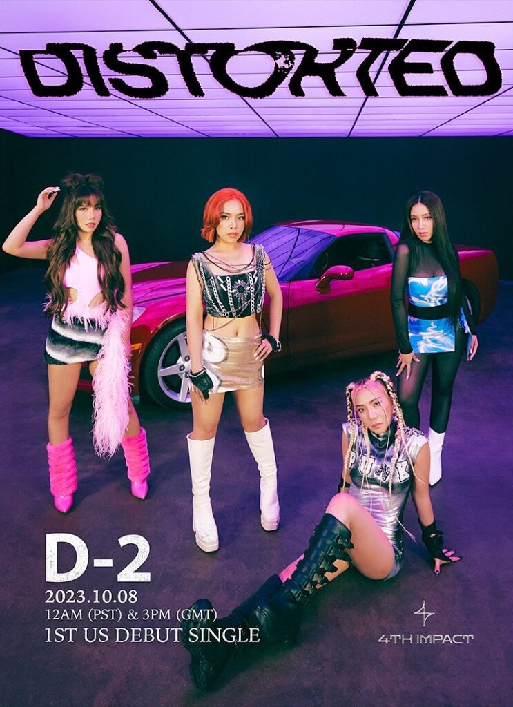 Promotional poster for "Distorted" which sees 4th Impact posing in front of a red Corvette in a studio.