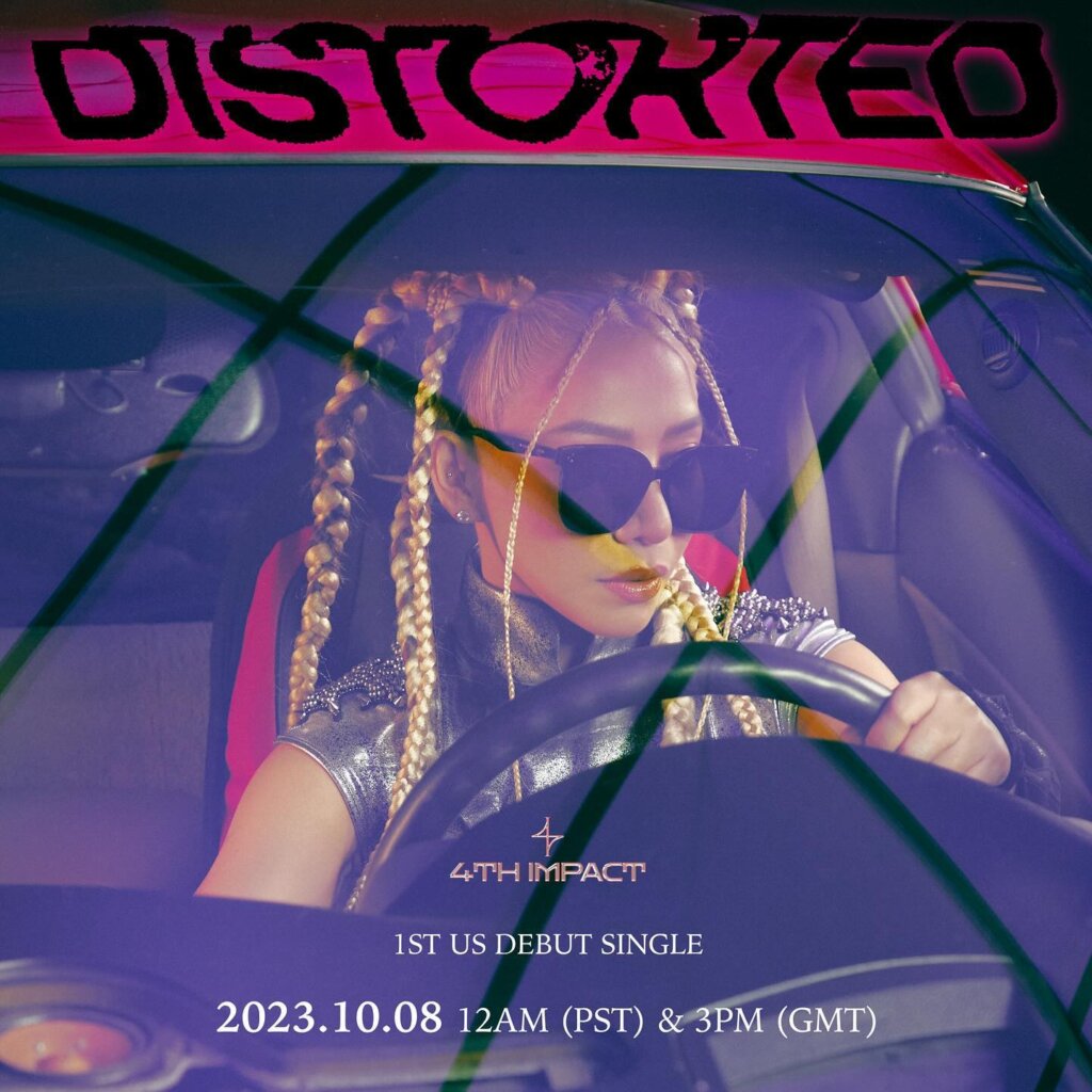 Promotional photo for "Distorted" which sees Irene Cercado from 4th Impact in the driver's seat of a red Corvette. Her blonde hair is in plaits and she's wearing shades.