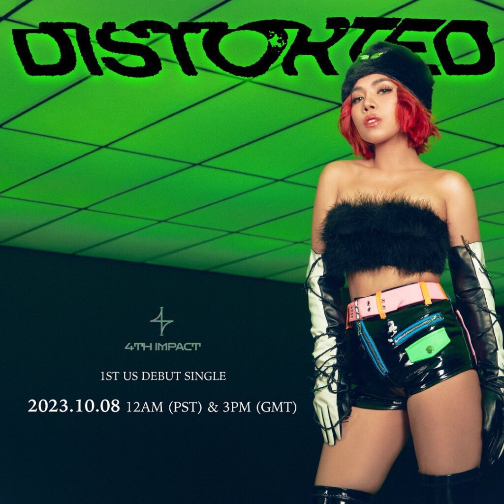Promotional photo for "Distorted" which sees Almira Circado from 4th Impact posing in shorts and a fluffy top with a green-tiled ceiling.