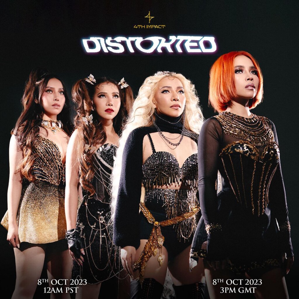 Promotional photo for "Distorted" which sees 4th Impact lined up diagonally looking to the left, all wearing black outfits.