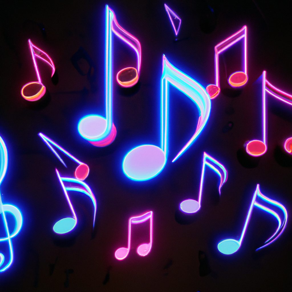 neon musical notes headphones landscape