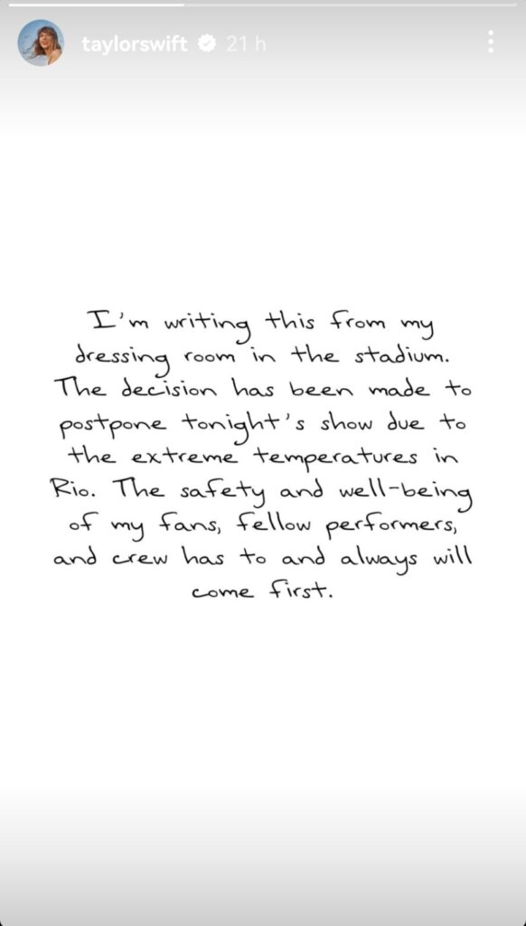 Writing on a white background which is a statement from Taylor Swift regarding the postponement of the Eras Tour gig in Brazil.