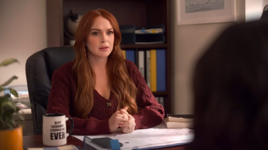 Still from Walmart's Mean Girls reunion advert which sees Lindsay Lohan as the guidance counsellor.