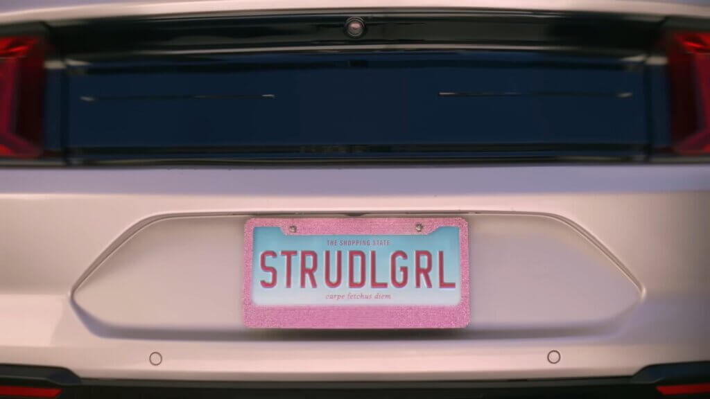 Still from Walmart's Mean Girls reunion advert which shows the fetch number plate of Gretchen's car.