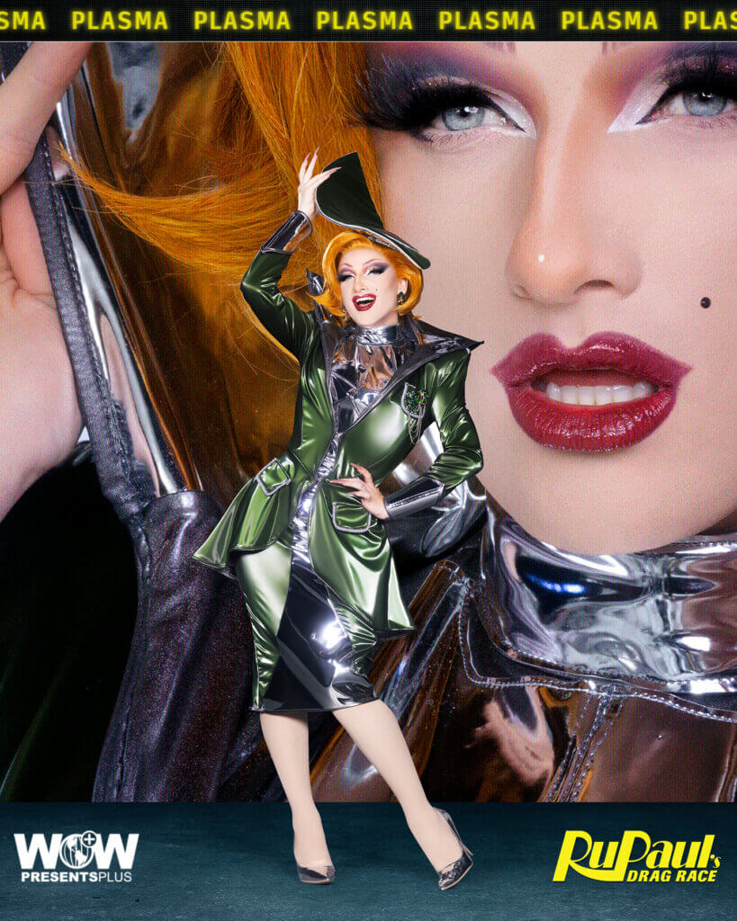 Plasma posing for RuPaul's Drag Race Season 16 promo for Meet The Queens in a green and black outfit.