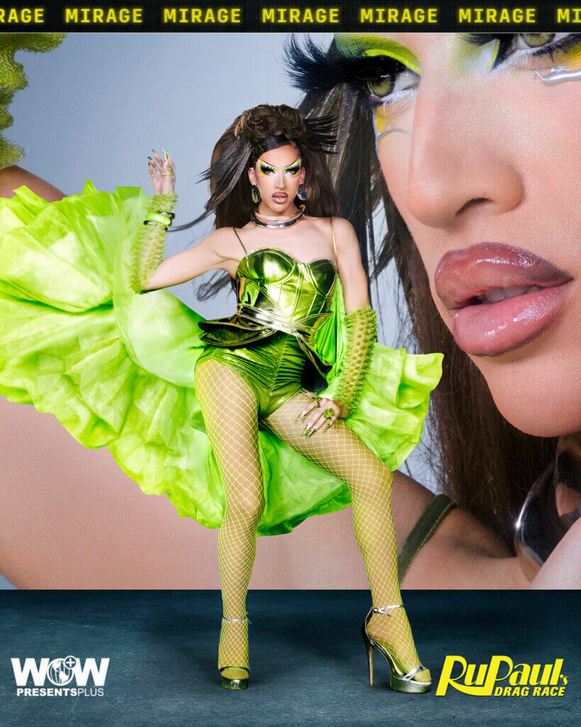 Mirage posing for RuPaul's Drag Race Season 16 promo for Meet The Queens in a bright green and black outfit.