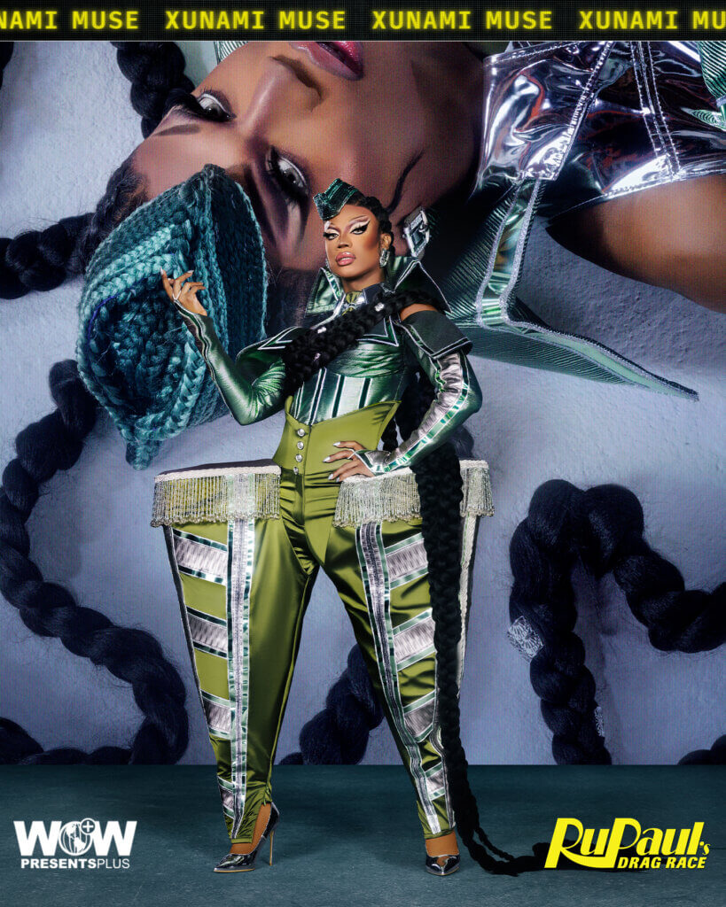Xunami Muse posing for RuPaul's Drag Race Season 16 promo for Meet The Queens in a green and black outfit.