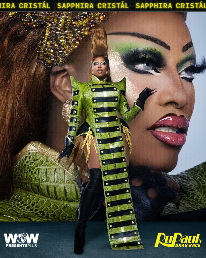 Sapphira Cristál posing for RuPaul's Drag Race Season 16 promo for Meet The Queens in a green and black outfit.