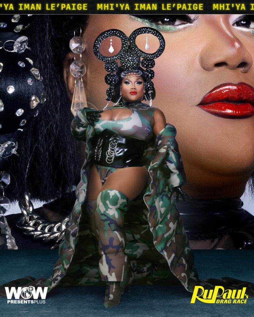Mhi'ya Iman Le'Paige posing for RuPaul's Drag Race Season 16 promo for Meet The Queens in a green and black outfit.