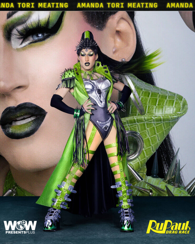 Amanda Tori Meating posing for RuPaul's Drag Race Season 16 promo for Meet The Queens in a green and silver outfit.