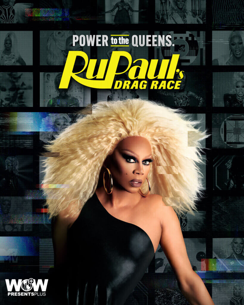 The official promo image of RuPaul for RuPaul's Drag Race Season 16 which sees her in a black dress and a huge blonde wig.