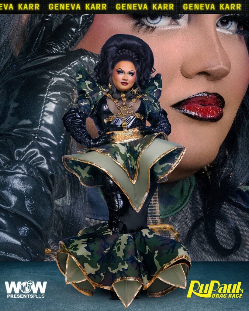 Geneva Karr posing for RuPaul's Drag Race Season 16 promo for Meet The Queens in a green and black outfit.