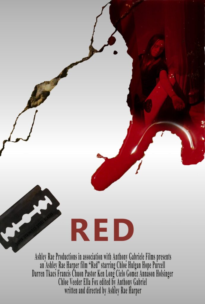 The official poster for the Ashley Rae Productions film "Red" which sees blood splashed on a white floor with a shaving razor next to it.