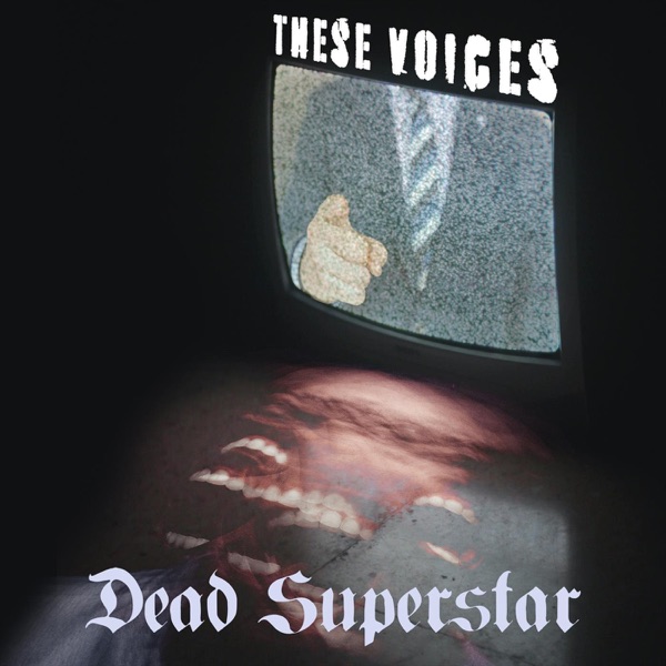 Official single cover artwork for "These Voices" which sees an old TV set with a person in a suit standing on the screen, pointing his finger at the camera.