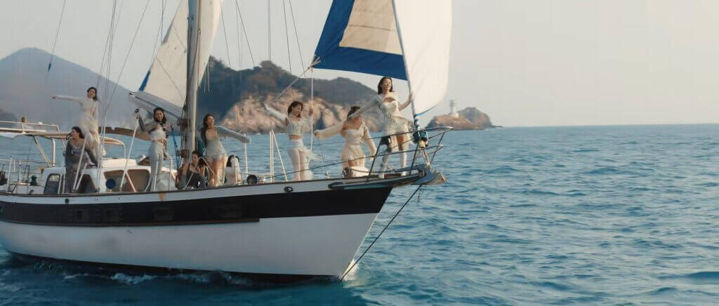 Scene from the "I GOT YOU" music video which sees TWICE on the deck of a yacht.