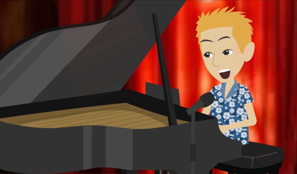 Screenshot from the "Old School Love" music video which sees a cartoon John Galea at the piano performing on stage.