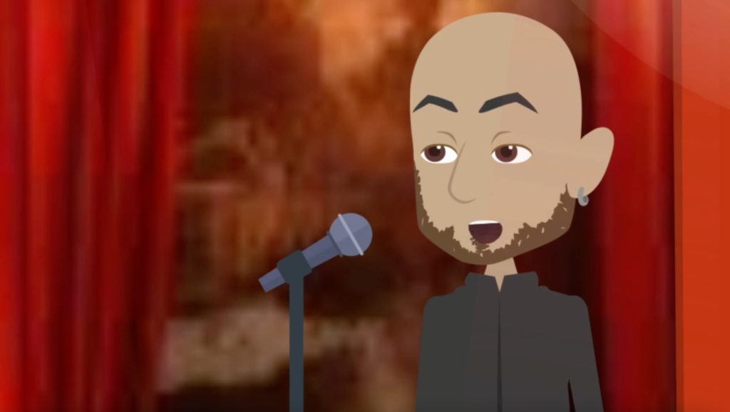 Screenshot from the "Old School Love" music video which sees a cartoon Nate James at a microphone performing on stage.