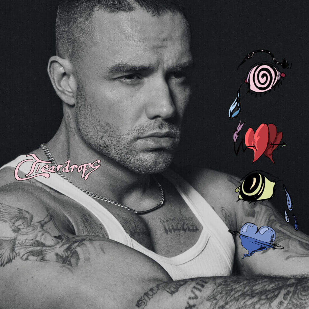 Official single cover artwork for "Teardrops" which sees a black and white side shot of Liam Payne in a white vest, with his arms out in front of him, with different coloured heart animations to the right.