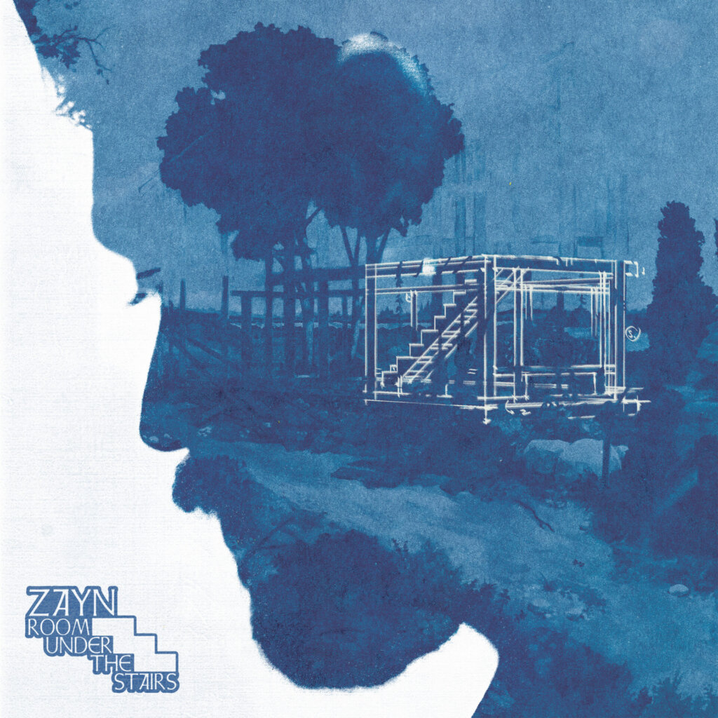 Artwork for "ROOM UNDER THE STAIRS" which sees a blue shadow of ZAYN's face on the side against a white background with a countryside scene seen as a darker blue in ZAYN's shadow.
