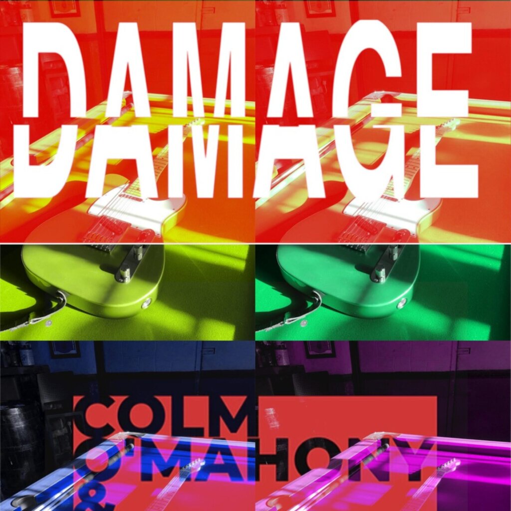 Official single cover artwork for "Damage" by Colm O'Mahony & The Hot Touches which shows blocked filtered multi-coloured blocks showcasing instruments.
