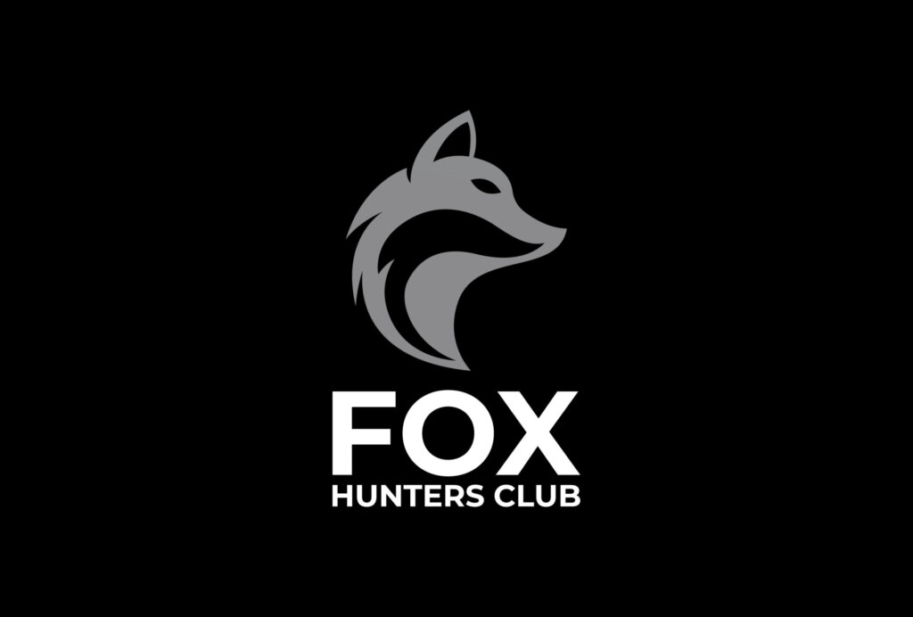 Logo of Fox Hunters Club which is a grey fox design with the words underneath in white.