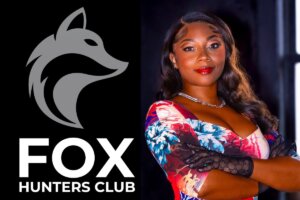 Collage of two photos, the left photo shows the logo of Fox Hunters Club with a fox design, and the right photo shows a mid-shot of Brownie Marie posing with her arms crossed, wearing a tie-dye blue, white, red, and purple top with lace globes.