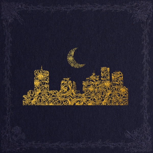 Official single cover artwork for "Let Me Out" by HAPPY LANDING which sees a blue background with a yellow crayon drawing of a cityscape with a crescent moon shining above.