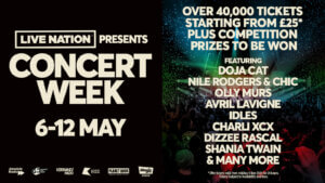 Promotional picture that shows a black background with "Live Nation Presents Concert Week 6-12 May" in white writing, with an image of a crowd and venue on the right with a list of some of the artist names who are taking part.