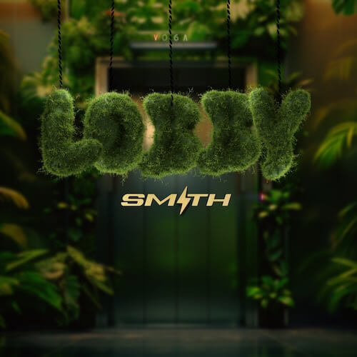 Official single cover artwork for "Lobby" by SMITH which sees the title of the song embossed in green hedge letters surrounded in a room full of plants with an elevator in the middle.