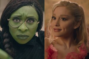 Collage of two photos which show headshots of Cynthia Erivo and Ariana Grande as Elphaba and Glinda, respectively