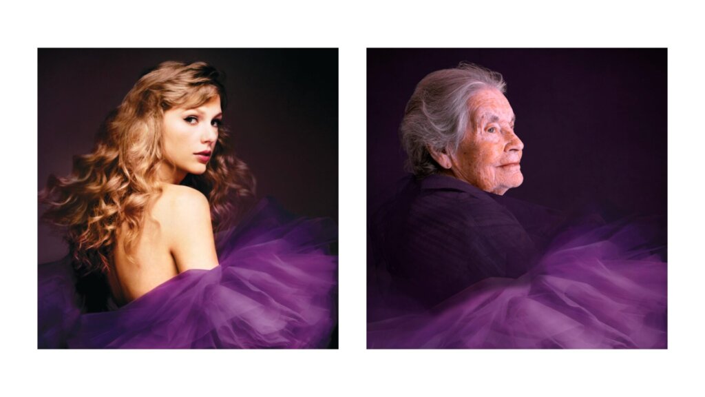 A collage of two photos with the album artwork of Taylor Swift's "Speak Now (Taylor's Version)" on the left showing her in a purple tool jacket, and Elizabeth (91) recreating it on the right.