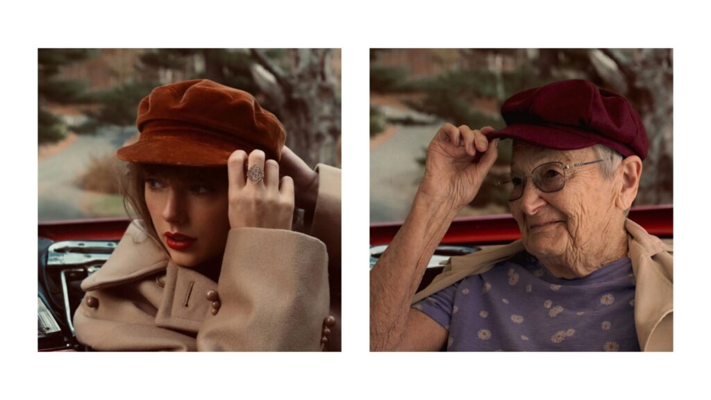 Collage of two photos, on the left is Taylor Swift's "Red (Taylor's Version)" album artwork which sees her holding a red hat, and on the right the Senior Swiftie Beryl also wearing a red hat.