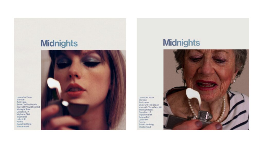 A collage of two photos with the album artwork of Taylor Swift's "Midnights" on the left which sees her holding a Zippo lighter to her face, with Senior Swiftie Carol on the right recreating the artwork.