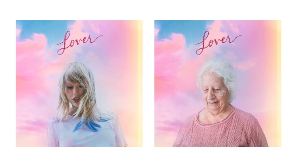 A collage of two photos with the album artwork of Taylor Swift's "Lover" on the right as she poses in front of pink clouds and a blue sky, while Senior Swiftie Janet on the right recreating it.