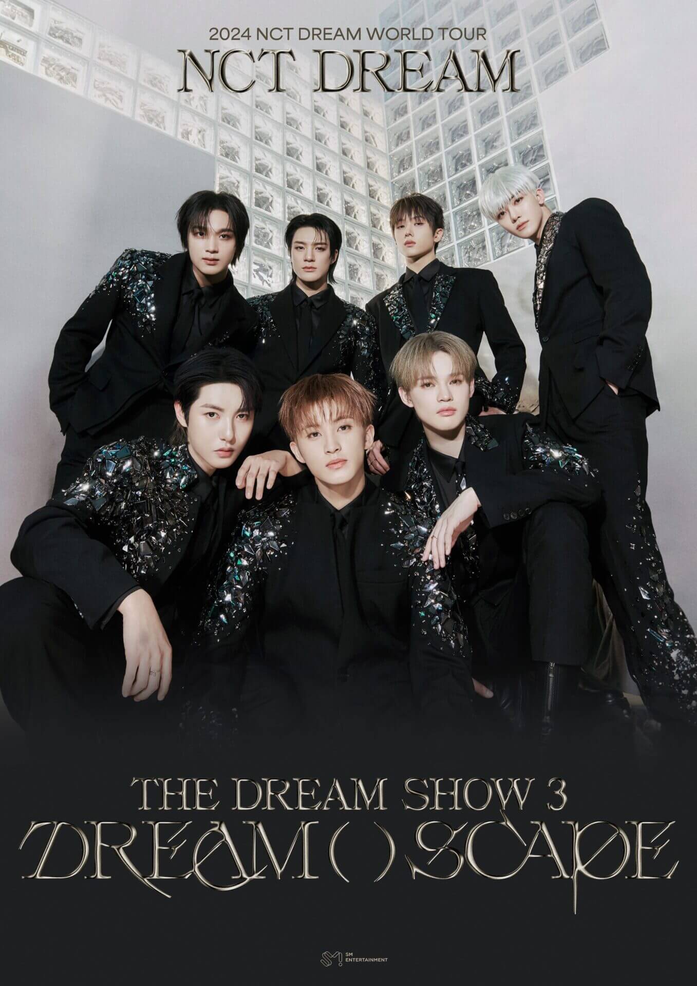 Official tour poster for "THE DREAM SHOW 3 : DREAM( )SCAPE" Tour which sees NCT Dream posing together in front of a white wall that has glass squares adorned high above, dressed in black.