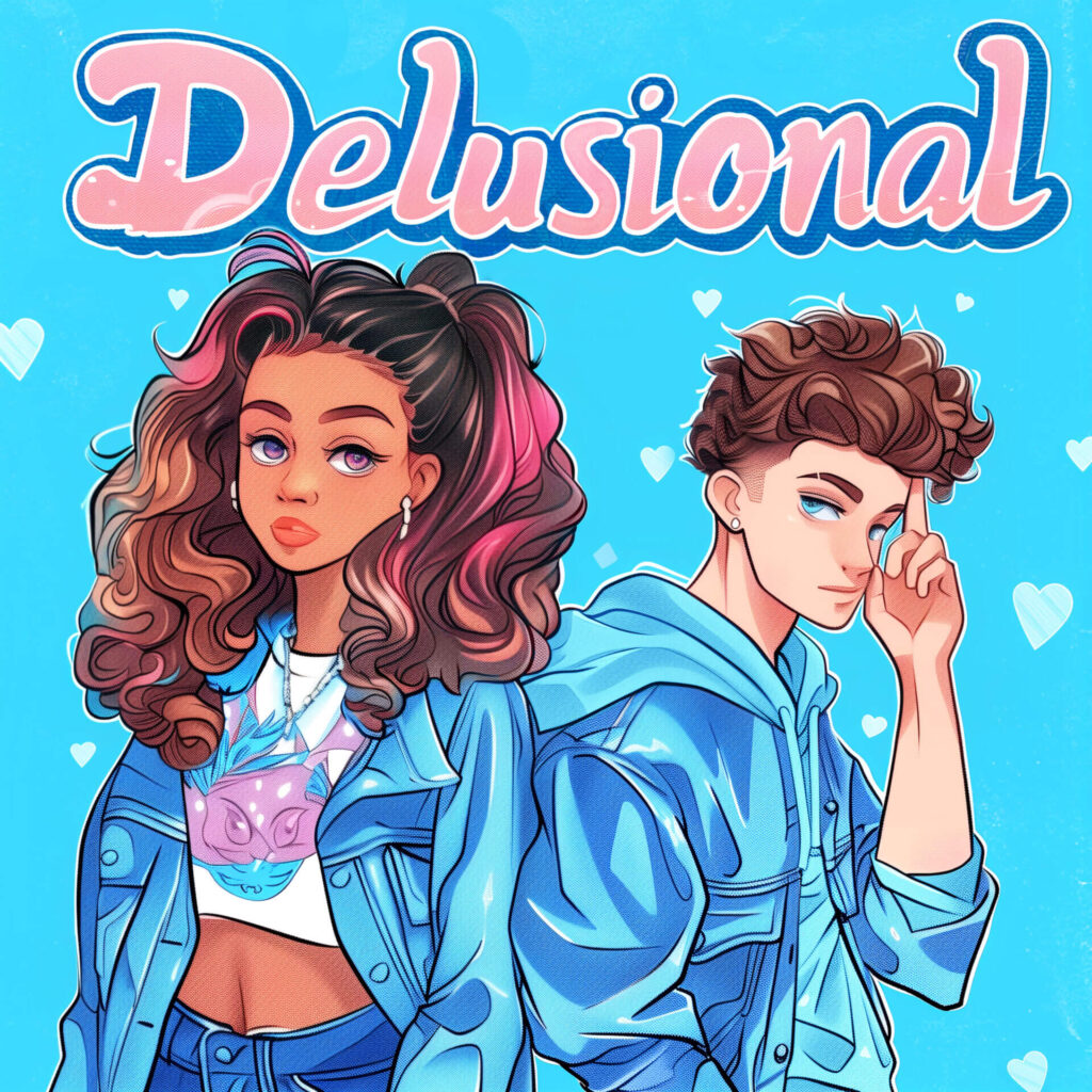 Single cover artwork for "Delusional" which sees Scott the Pisces and Mimi Sky in animated character style form.