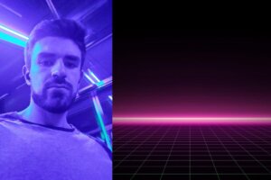 Collage of two photos, the left photo is a selfie of Dareios Blue using a purple filter, and the right image is the single cover artwork for "Body" which sees a bright neon pink line illuminating a pink square pattern.