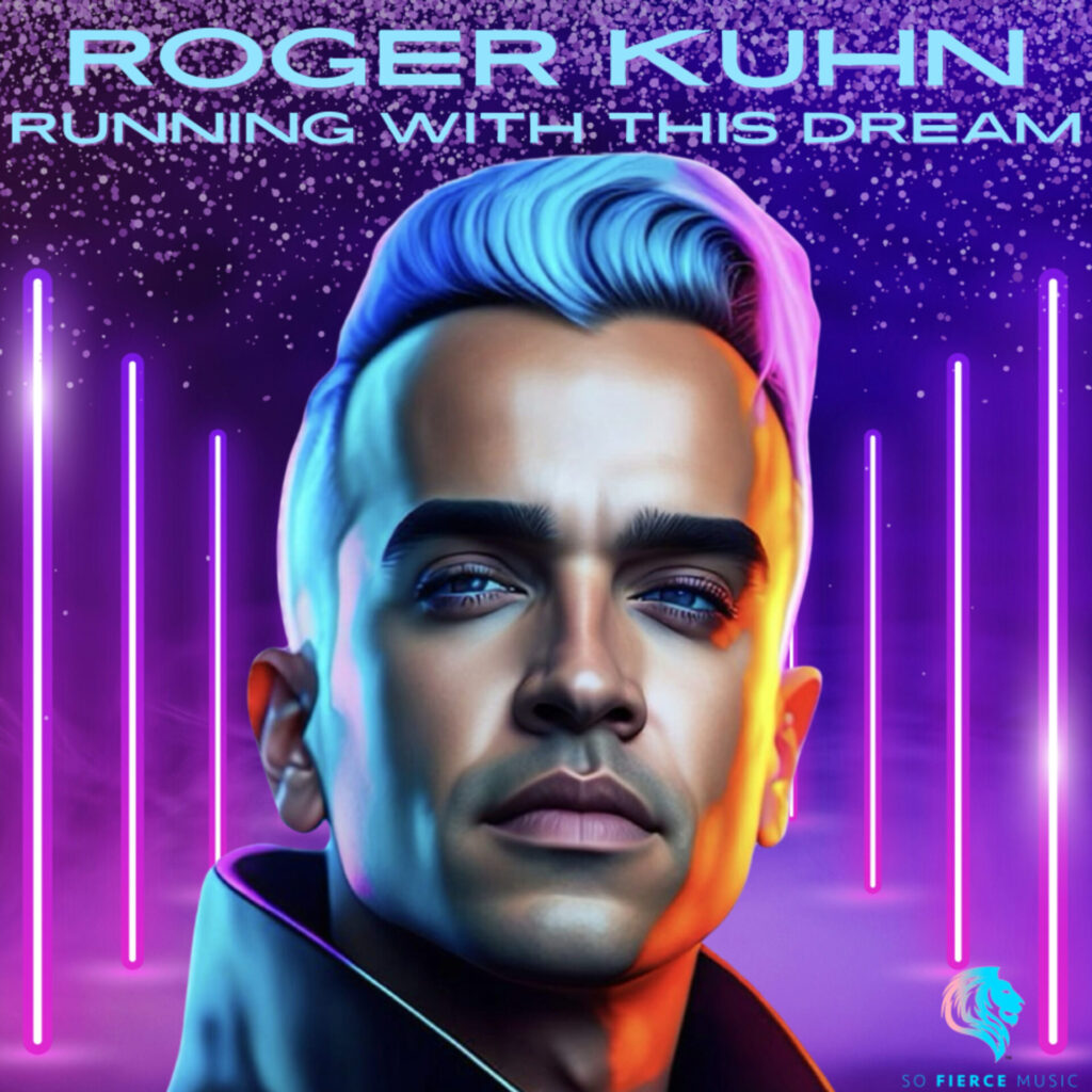 The official album artwork for "Running With This Dream" which sees Roger Kuhn looking like an AI created image with neon lights lighting up his face and the background in purples and blues.