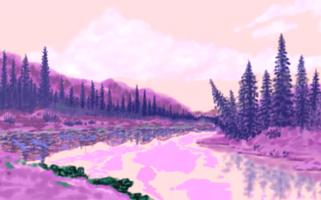 A shot from the official music video to "Send Your River REDUX2" which sees a beautiful bright purple watercolour of a river with embankments either side and some trees.