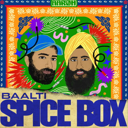Official artwork for the Baalti "Aaroh Flipped" collection which sees a graphic character design of the duo surrounded by orange and purple colours.