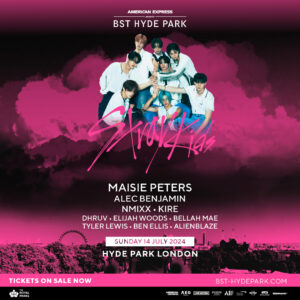 Official poster for the British Summer Time Stray Kids Concert with the additional support acts. The poster is pink with the eight-piece K=pop boyband posing together in the middle.